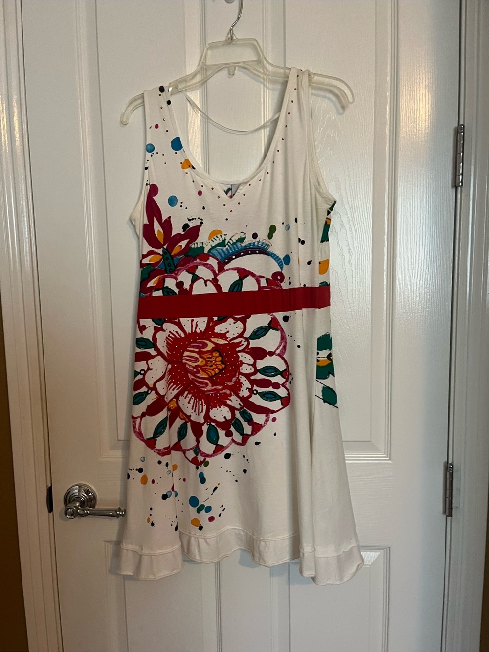 White Floral Paint-Splash Sleeveless Dress with Red Waistband